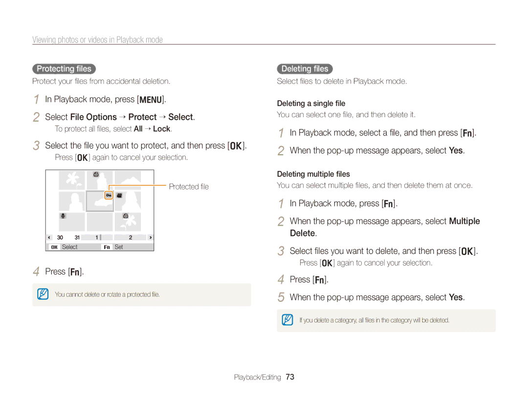 Samsung EC-PL170ZFDSVN manual Select the file you want to protect, and then press o, Protecting files , Deleting files  